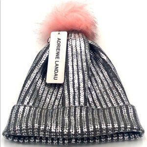 Adrienne Landau Metallic Silver Beanie with Pink Pom Pom